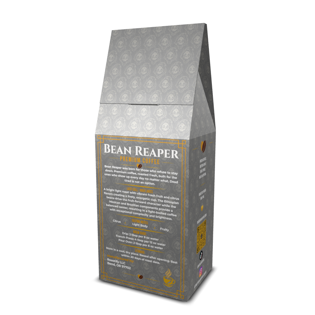 Back label of Bean Reaper Last Call light roast blend coffee with tasting notes