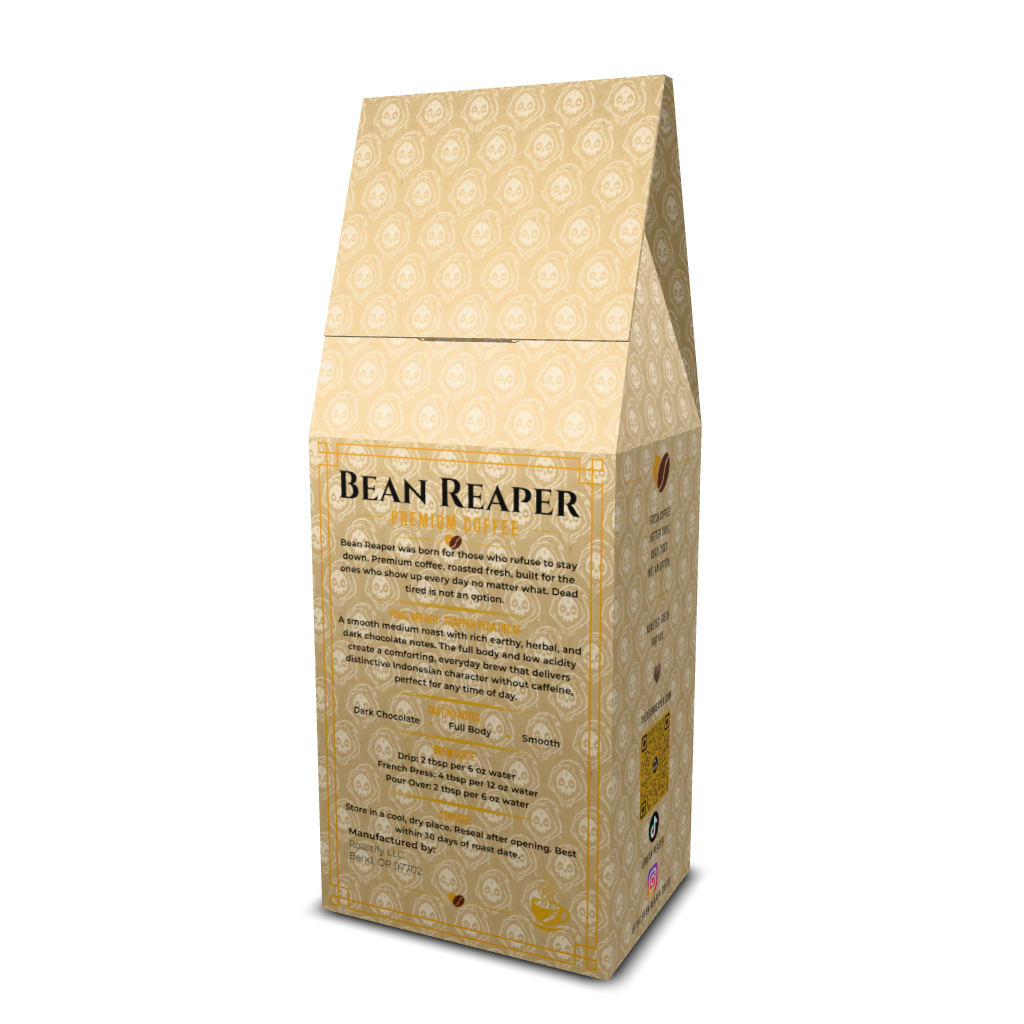 Back label of Bean Reaper Final Breath medium roast decaf coffee with tasting notes