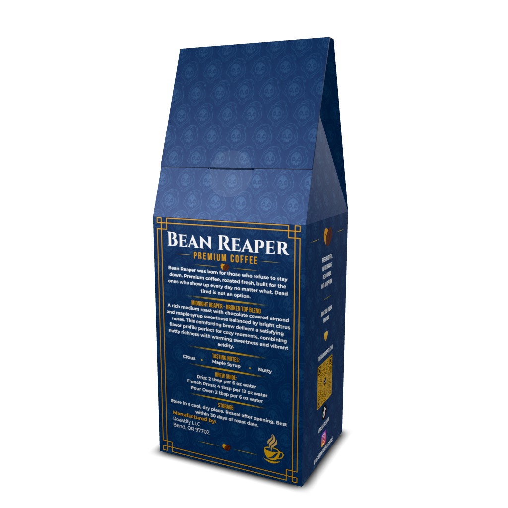 Bean Reaper Midnight Reaper medium roast coffee bag, Brazil and Mexico blend