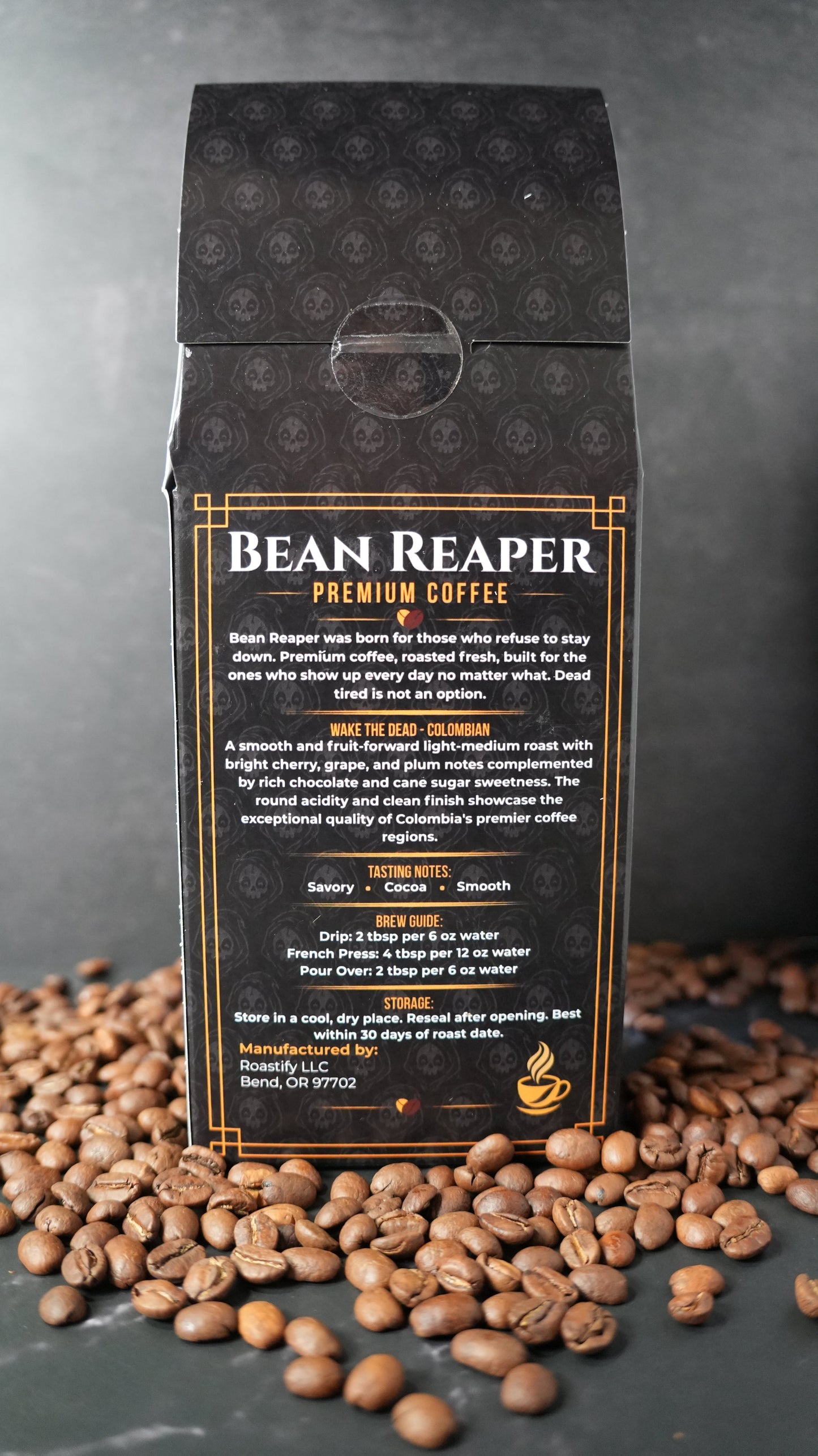 Back label of Bean Reaper Wake The Dead Colombian coffee showing tasting notes, brew guide and storage instructions
