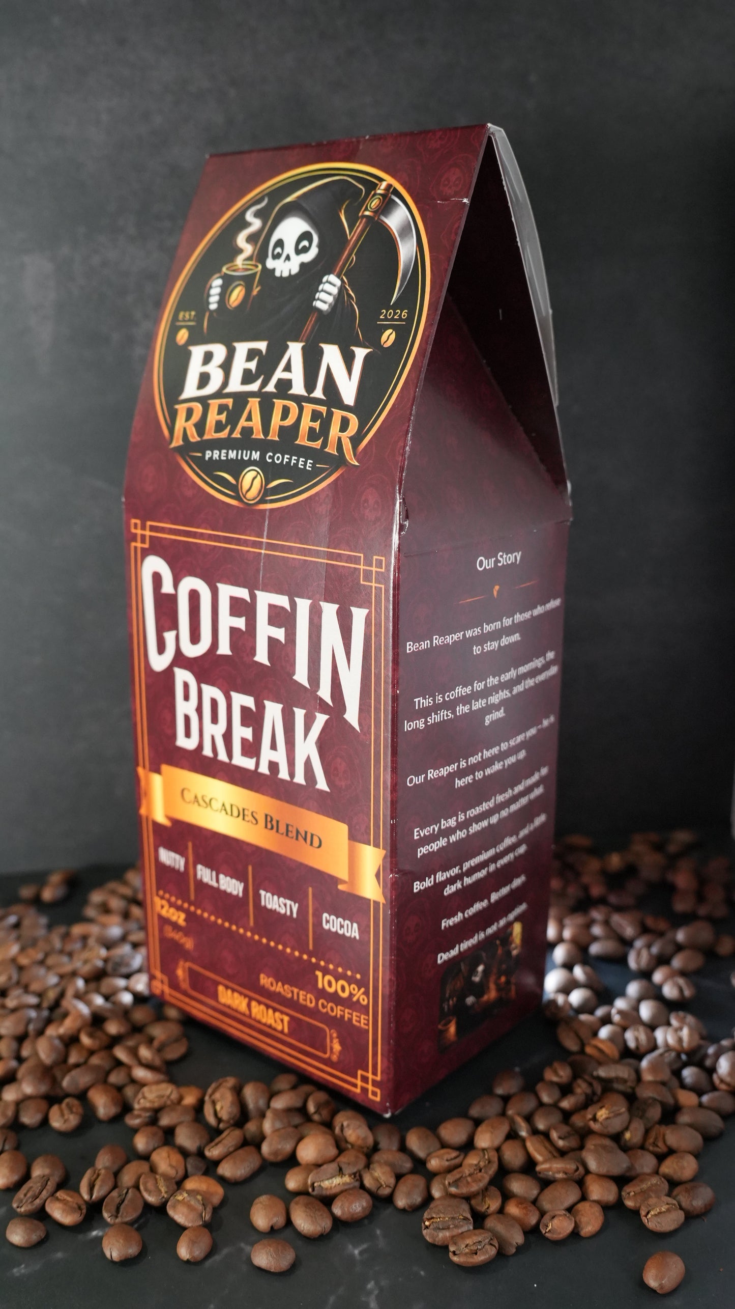 Bean Reaper Coffin Break coffee bag at a three-quarter angle showing the front and the Our Story side panel