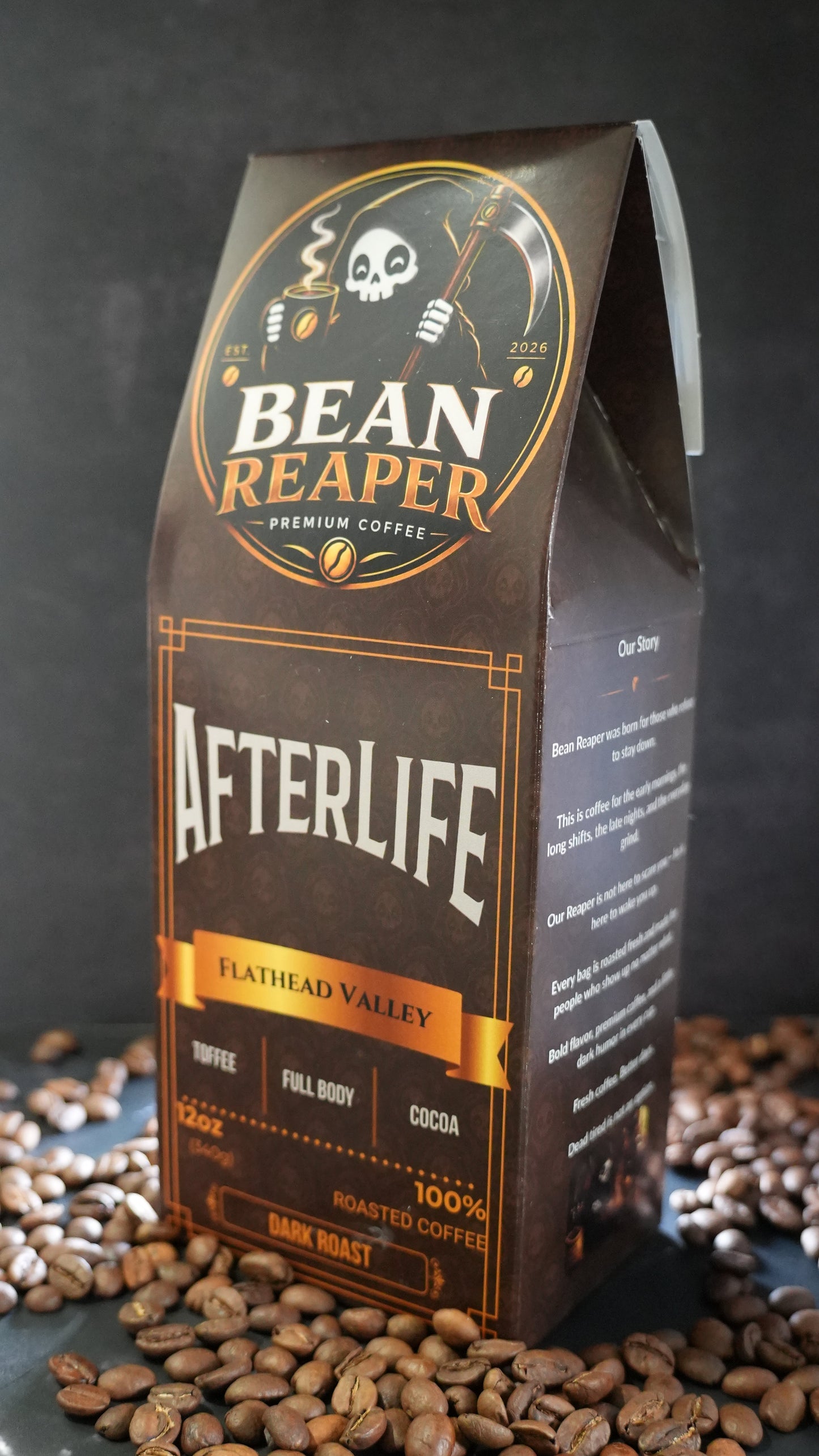 Bean Reaper Afterlife dark roast coffee bag at a three-quarter angle showing the front and side panel