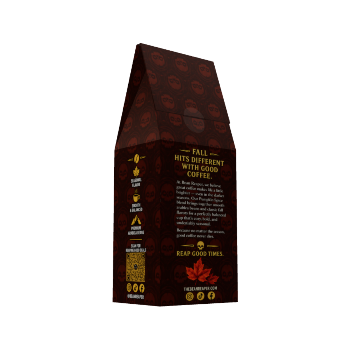 Bean Reaper Pumpkin Spice coffee bag back panel: Fall hits different with good coffee