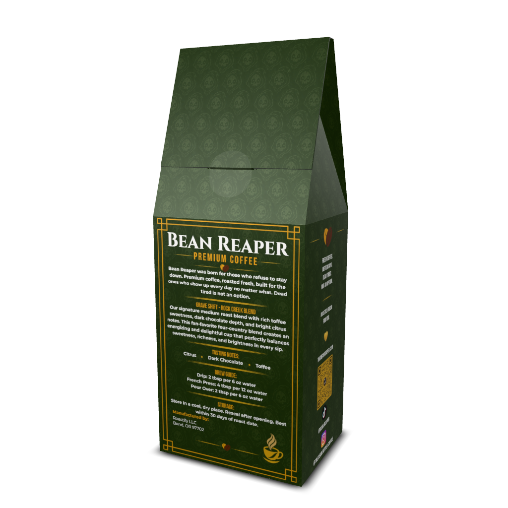 Bean Reaper Grave Shift signature medium roast coffee bag, four-country blend