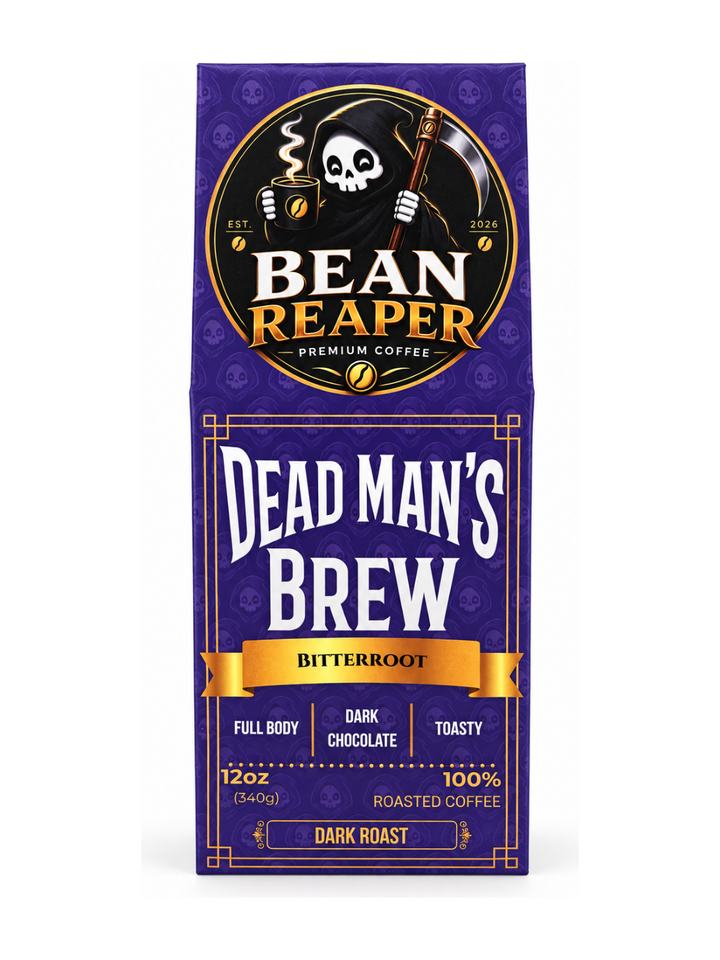 Dead Man's Brew — dark roast coffee bag from Bean Reaper, 12 oz, roasted to order