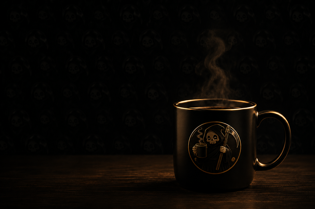 Steaming Bean Reaper coffee mug with a gold grim reaper emblem in low light