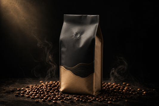 Bean Reaper coffee bag with roasted beans on a dark surface — freshness promise