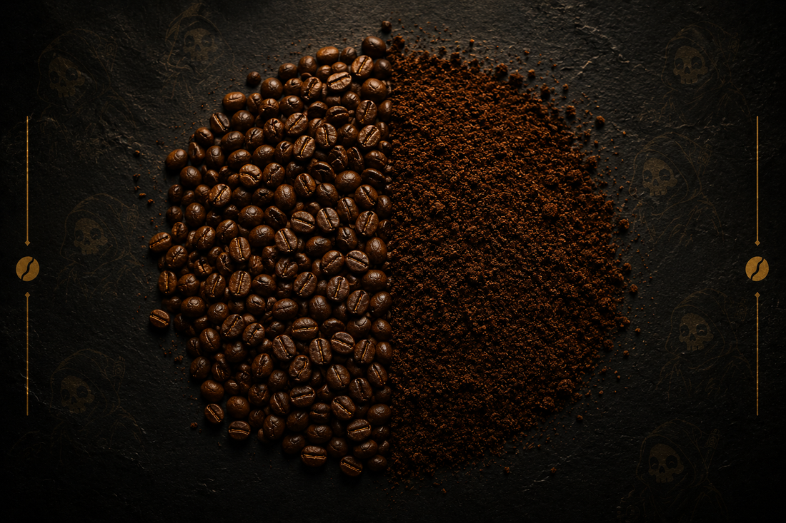 Whole coffee beans beside ground coffee on a dark surface, showing grind size — Bean Reaper grind size chart