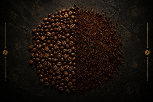 Whole coffee beans beside ground coffee on a dark surface, showing grind size — Bean Reaper grind size chart