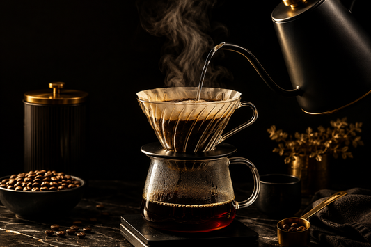 Gooseneck kettle pouring water over coffee with rising steam — Bean Reaper coffee water temperature guide