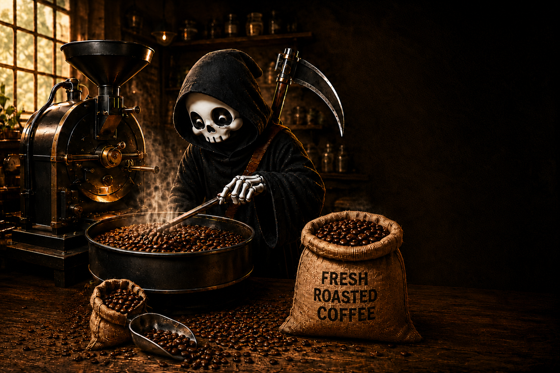 Dark, moody coffee brewing scene — Bean Reaper guide to coffee extraction, sour and bitter coffee