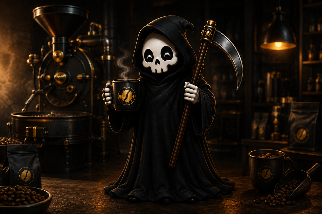 Bean Reaper hooded grim-reaper barista mascot holding a coffee mug and scythe