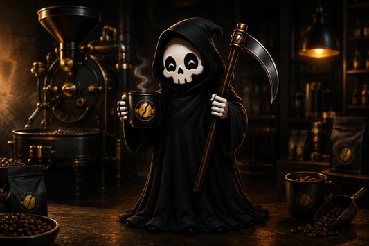Bean Reaper hooded grim-reaper barista mascot holding a coffee mug and scythe