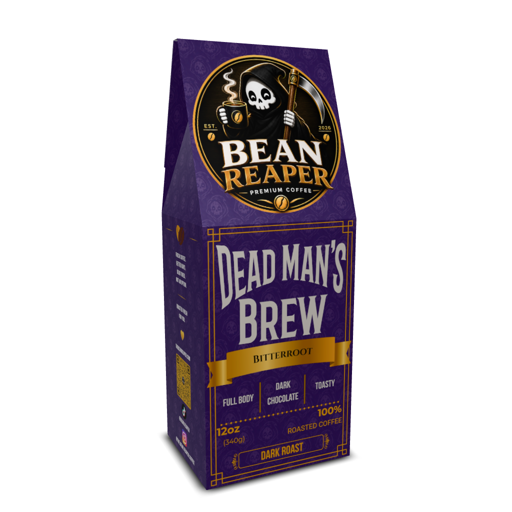 Back label of Bean Reaper Dead Man's Brew dark roast coffee with tasting notes