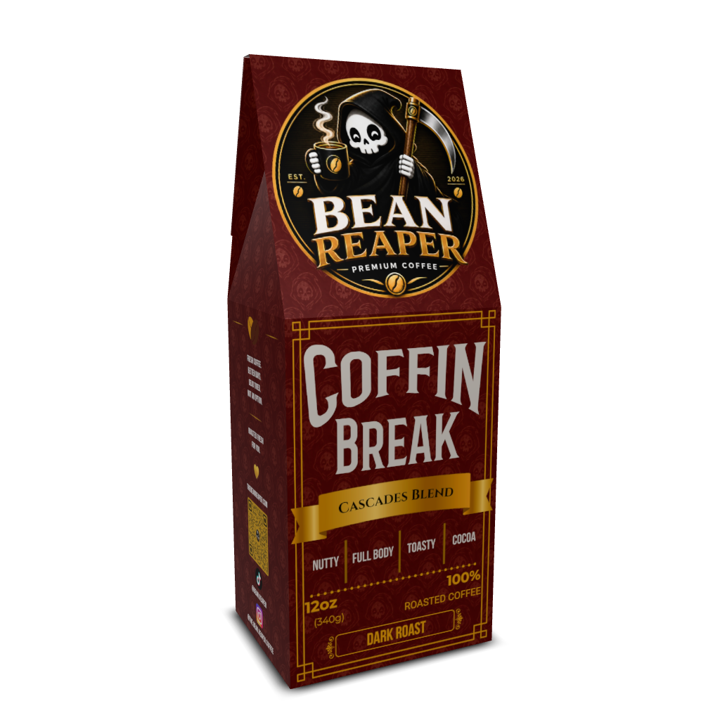 Bean Reaper Coffin Break medium-dark roast coffee bag, Brazil and Mexico blend