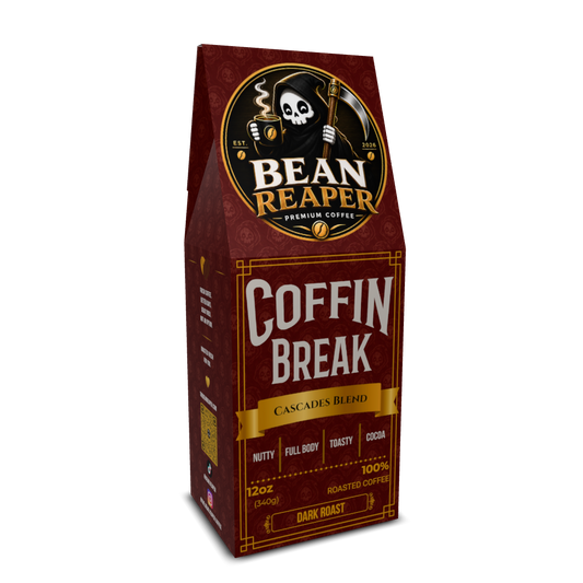Bean Reaper Coffin Break medium-dark roast coffee bag, Brazil and Mexico blend