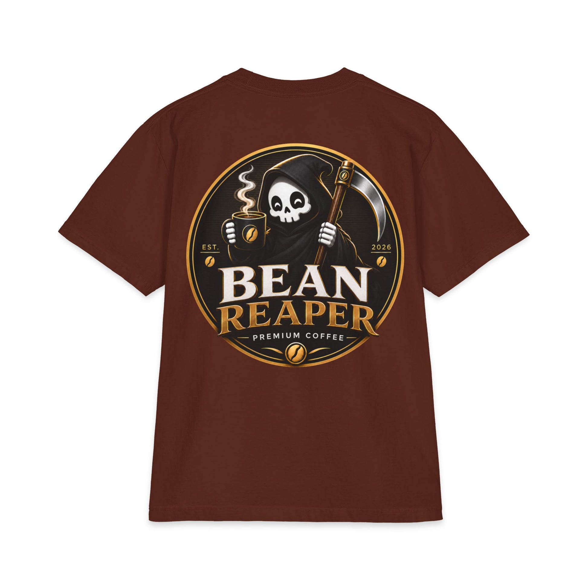Bean Reaper coffee logo t-shirt — black heavyweight unisex tee, front