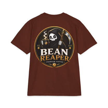 Bean Reaper coffee logo t-shirt — black heavyweight unisex tee, front
