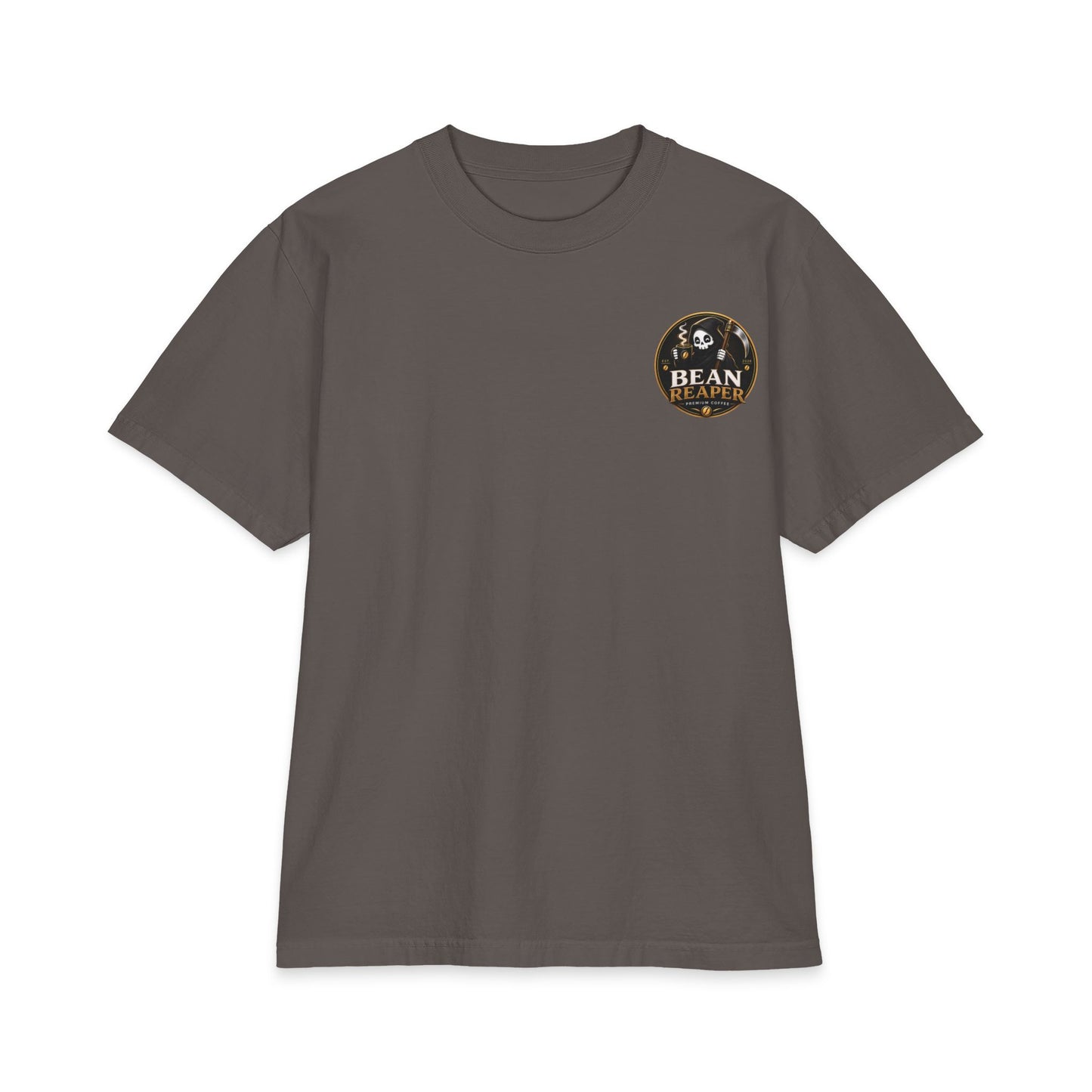 Bean Reaper Coffee Logo Tee, skull coffee graphic dark roast brand shirt — detail