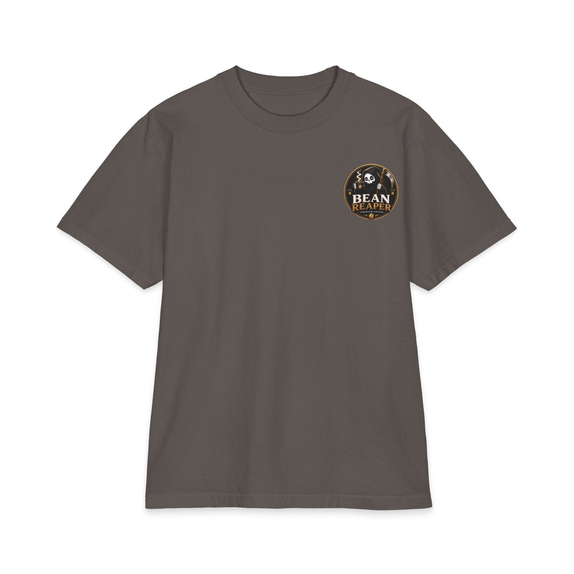 Bean Reaper Coffee Logo Tee, skull coffee graphic dark roast brand shirt — detail