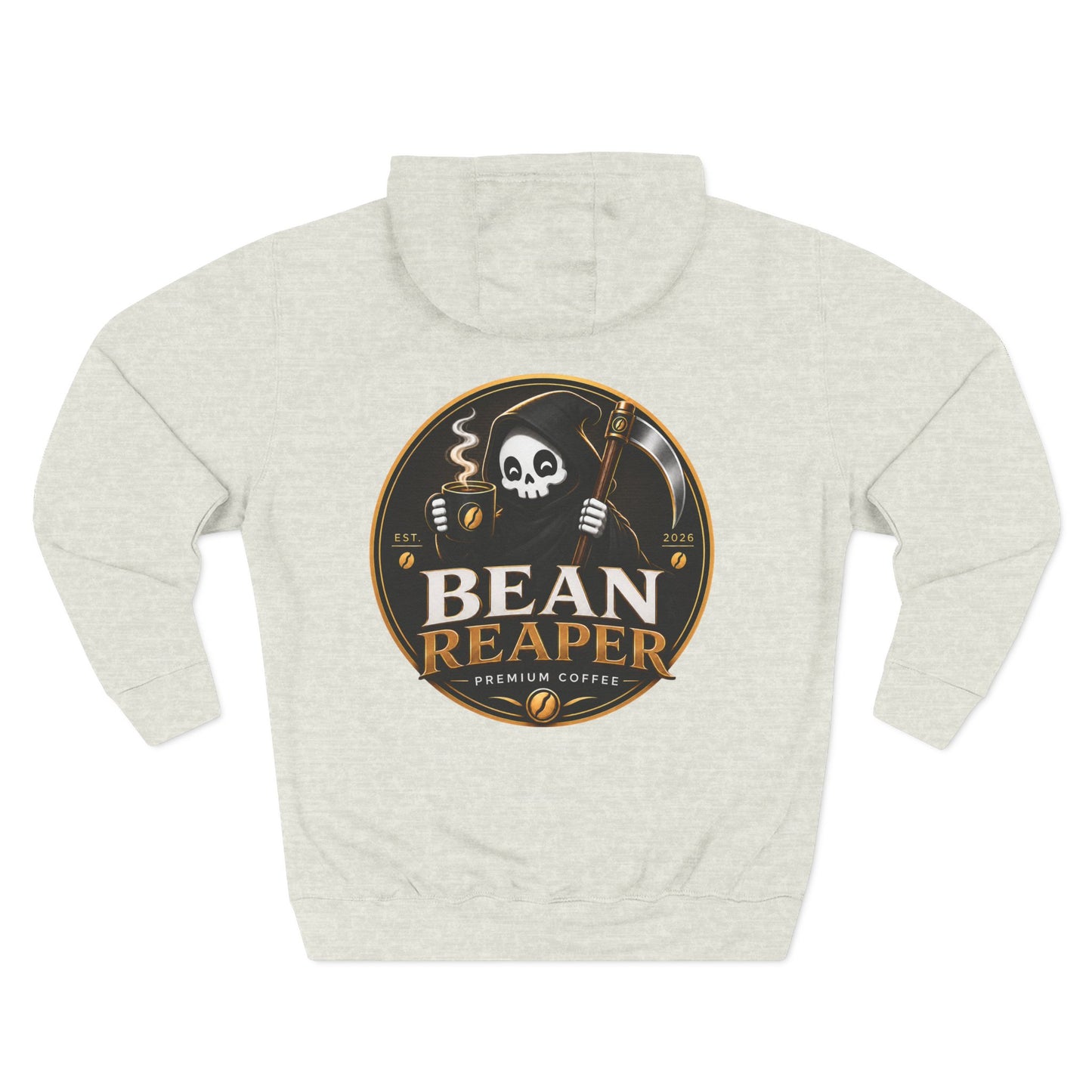 Bean Reaper Hoodie — brand detail on the fleece pullover (additional product image)