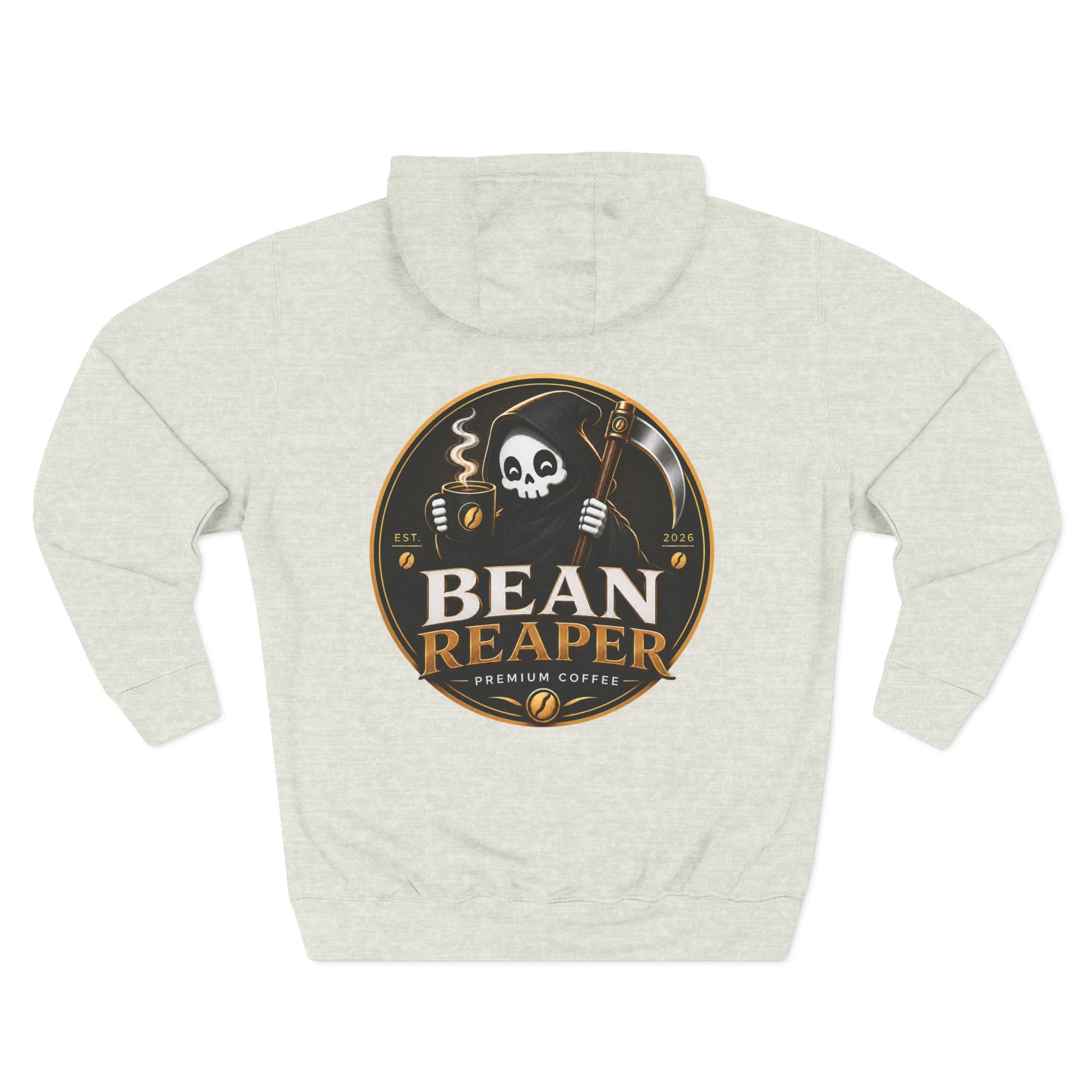 Bean Reaper Hoodie — brand detail on the fleece pullover (additional product image)