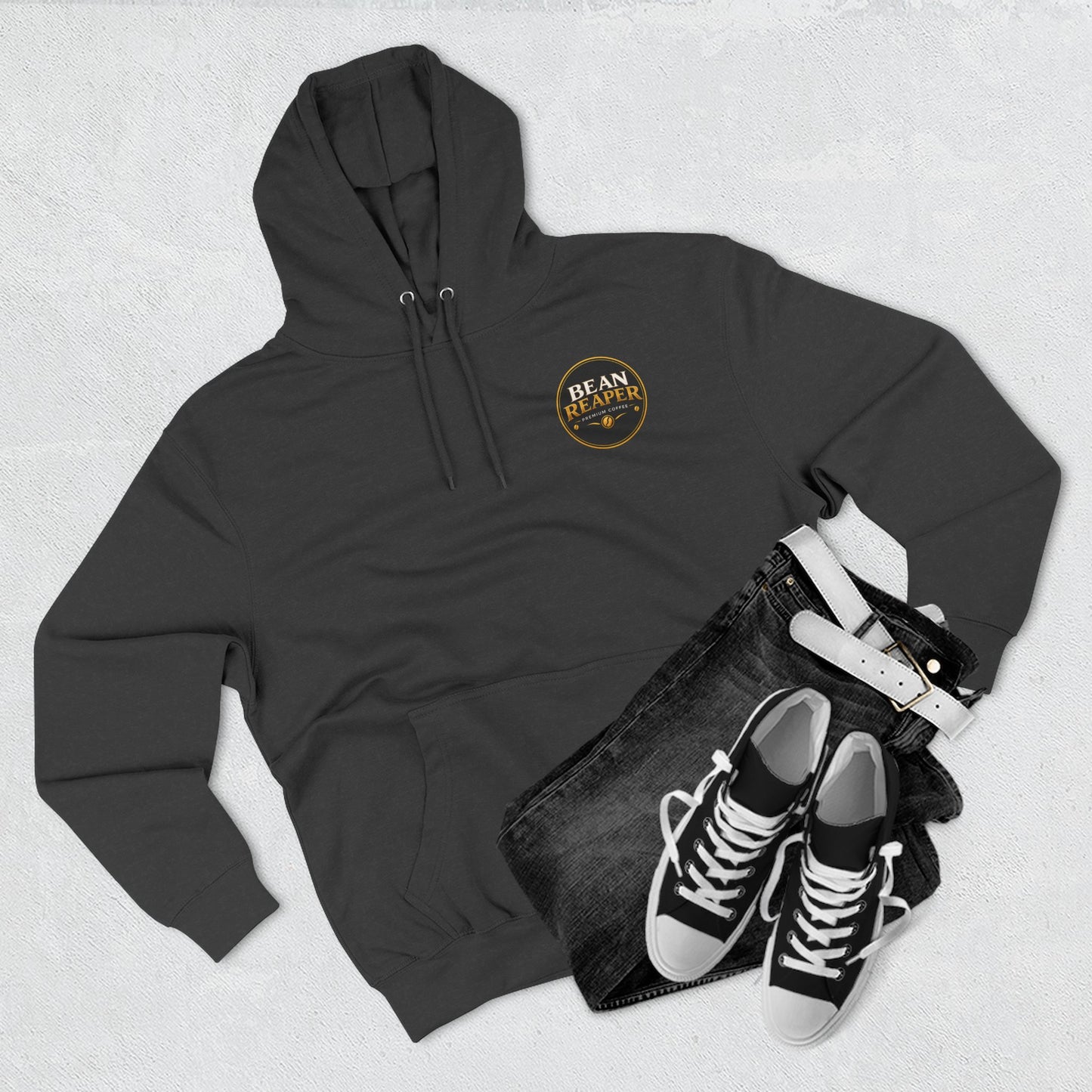 Bean Reaper coffee logo fleece pullover hoodie in black — front view