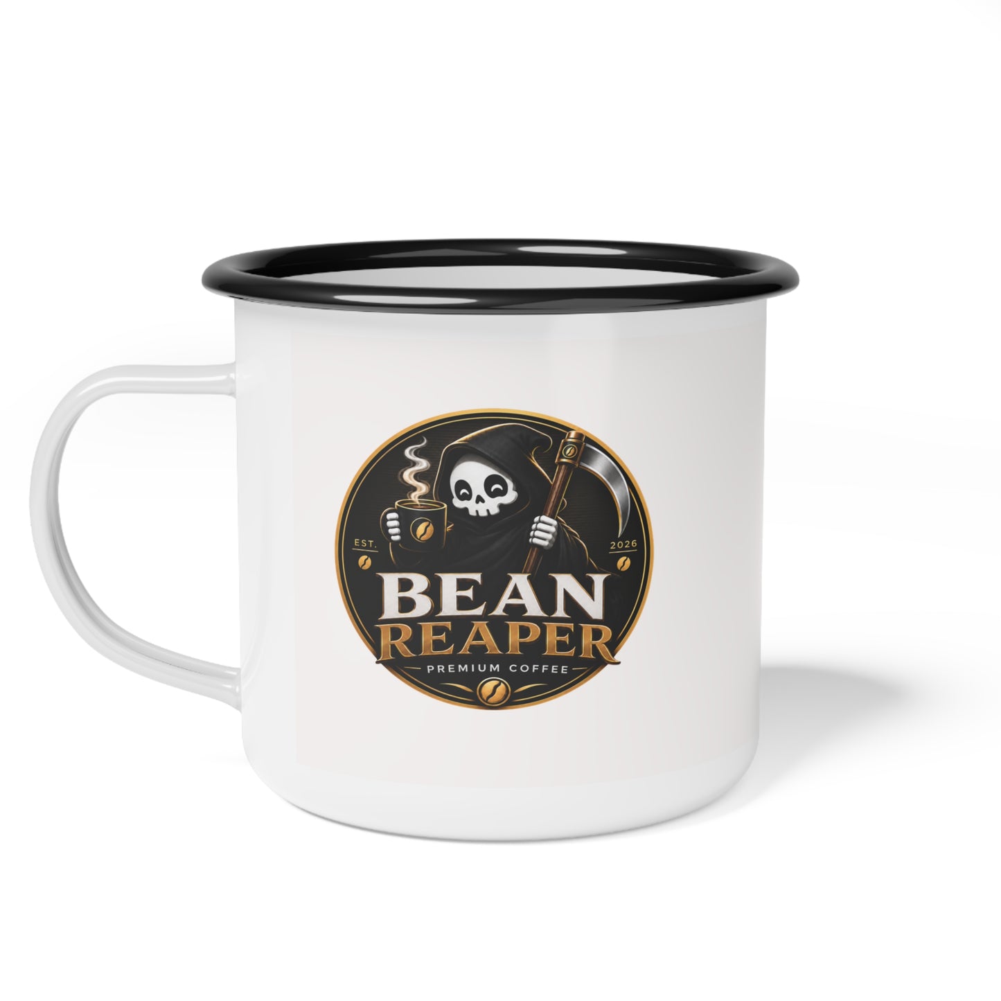 Bean Reaper grim reaper roast enamel camp coffee mug — 12oz with black rim