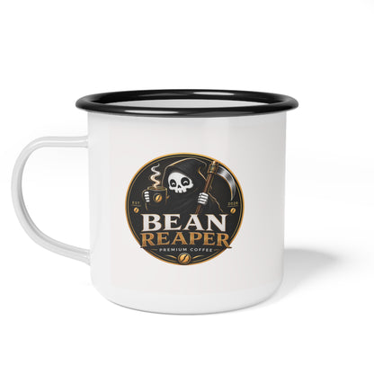 Bean Reaper grim reaper roast enamel camp coffee mug — 12oz with black rim