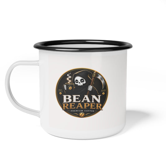 Bean Reaper grim reaper roast enamel camp coffee mug — 12oz with black rim