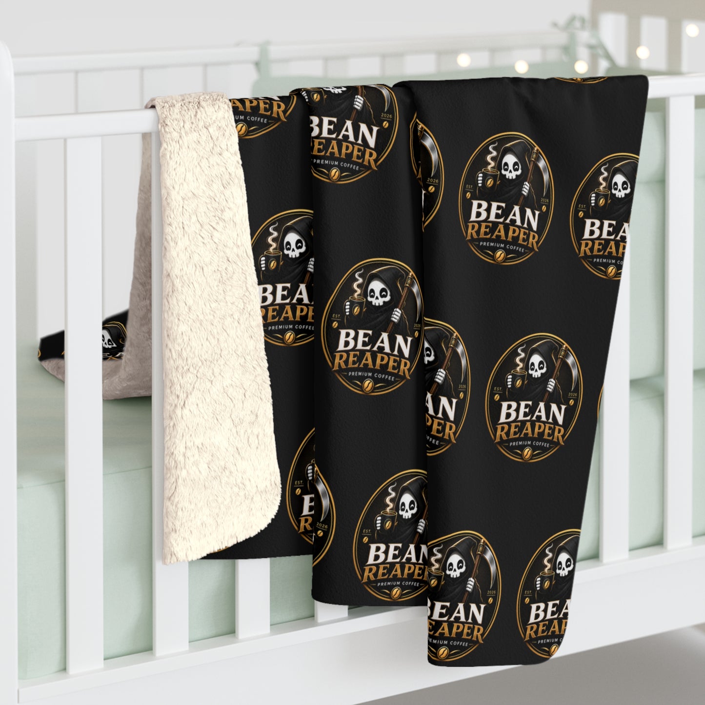 Bean Reaper Sherpa Blanket — Cozy Black "Bean Roast" Repeat Logo Fleece Throw
