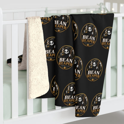 Bean Reaper Sherpa Blanket — Cozy Black "Bean Roast" Repeat Logo Fleece Throw