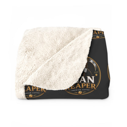 Bean Reaper Sherpa Blanket — Cozy Black "Bean Roast" Repeat Logo Fleece Throw