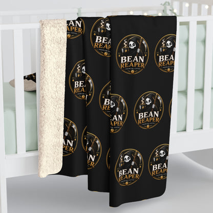 Bean Reaper Sherpa Blanket — Cozy Black "Bean Roast" Repeat Logo Fleece Throw