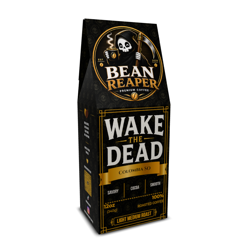 Back label of Bean Reaper Wake The Dead light-medium roast Colombian coffee with tasting notes