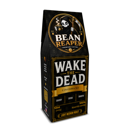 Back label of Bean Reaper Wake The Dead light-medium roast Colombian coffee with tasting notes