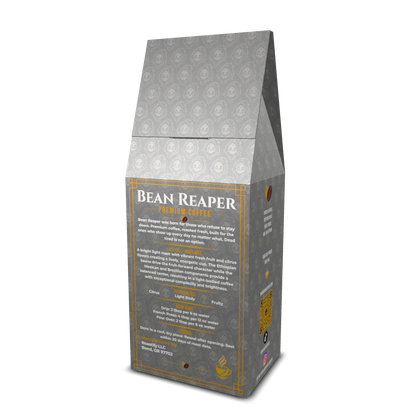 Back label of Bean Reaper Last Call light roast blend coffee with tasting notes