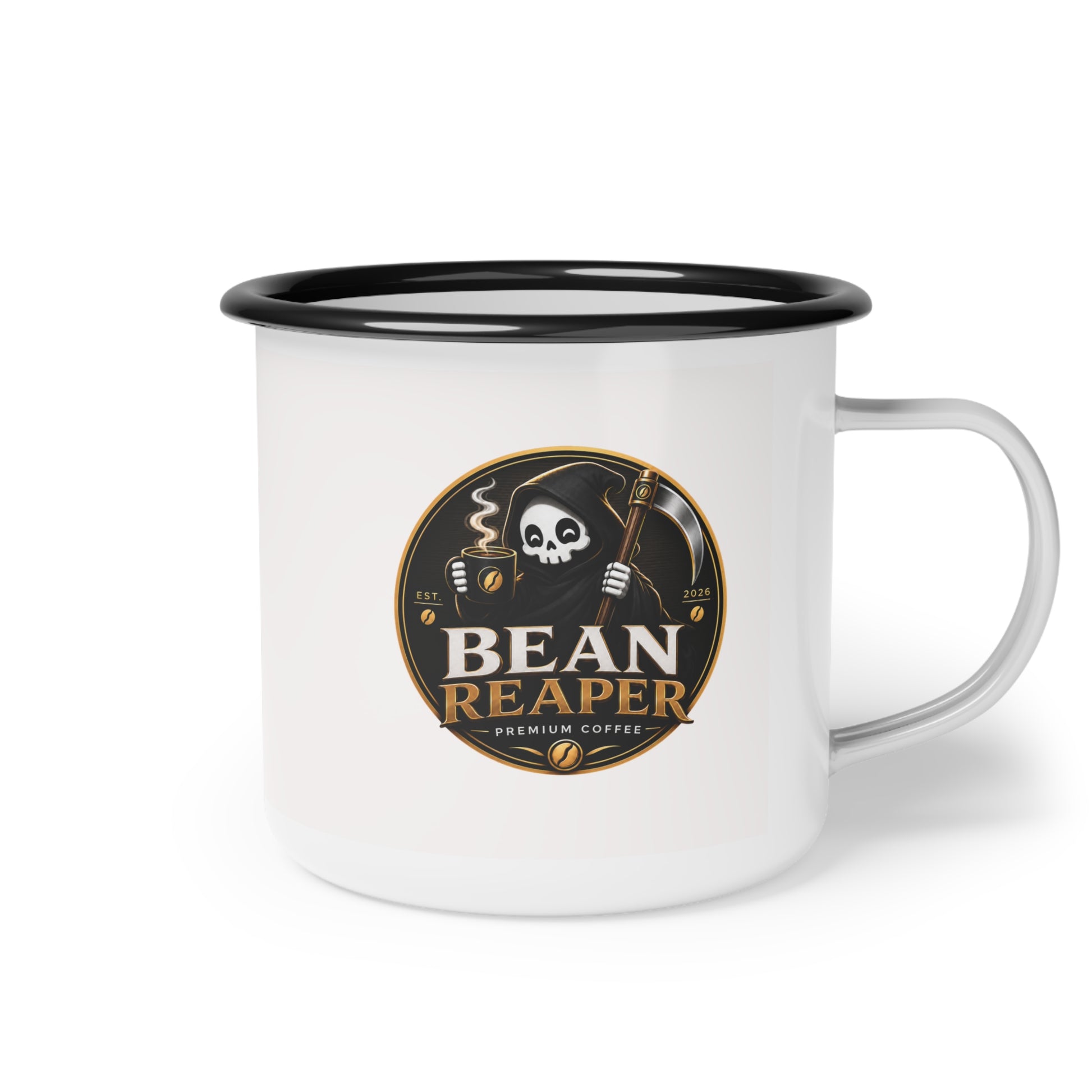 Bean Reaper 12oz enamel camping coffee mug, black rim — detail