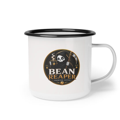 Bean Reaper 12oz enamel camping coffee mug, black rim — detail