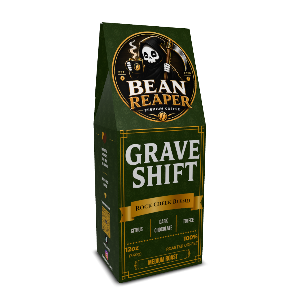 Back label of Bean Reaper Grave Shift medium roast four-country blend coffee with tasting notes