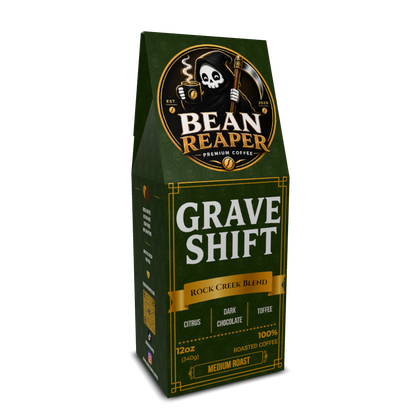 Back label of Bean Reaper Grave Shift medium roast four-country blend coffee with tasting notes