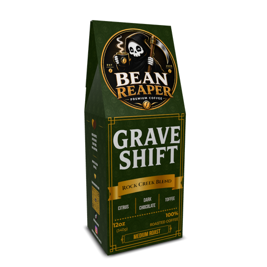 Back label of Bean Reaper Grave Shift medium roast four-country blend coffee with tasting notes