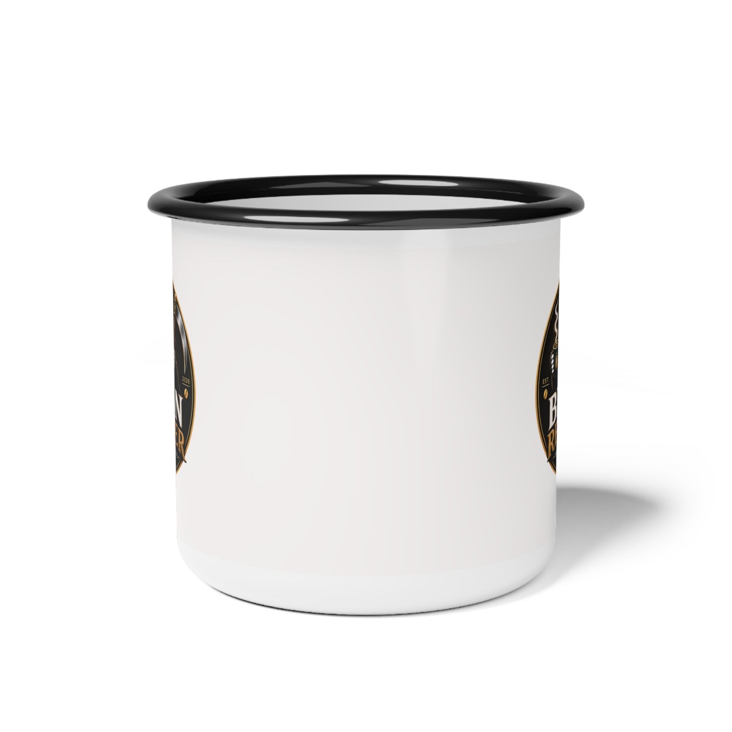 Bean Reaper enamel camp cup with skull coffee artwork — side view