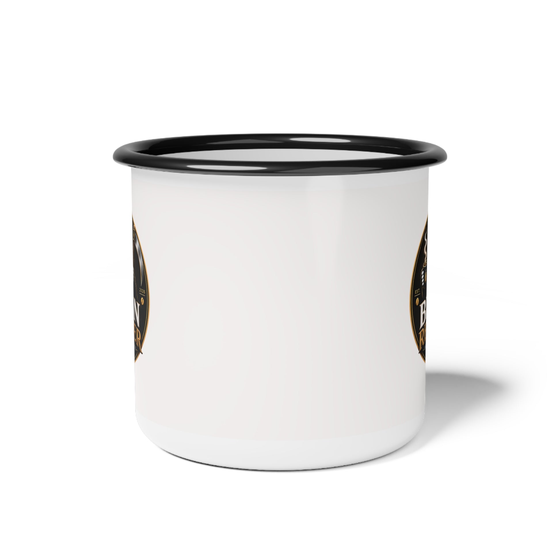 Bean Reaper enamel camp cup with skull coffee artwork — side view