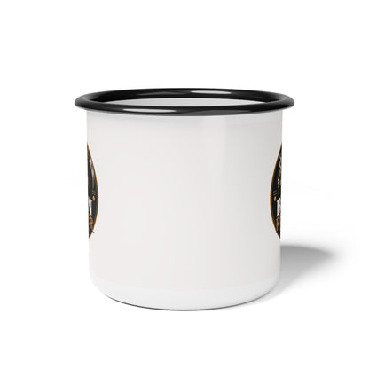 Bean Reaper enamel camp cup with skull coffee artwork — side view