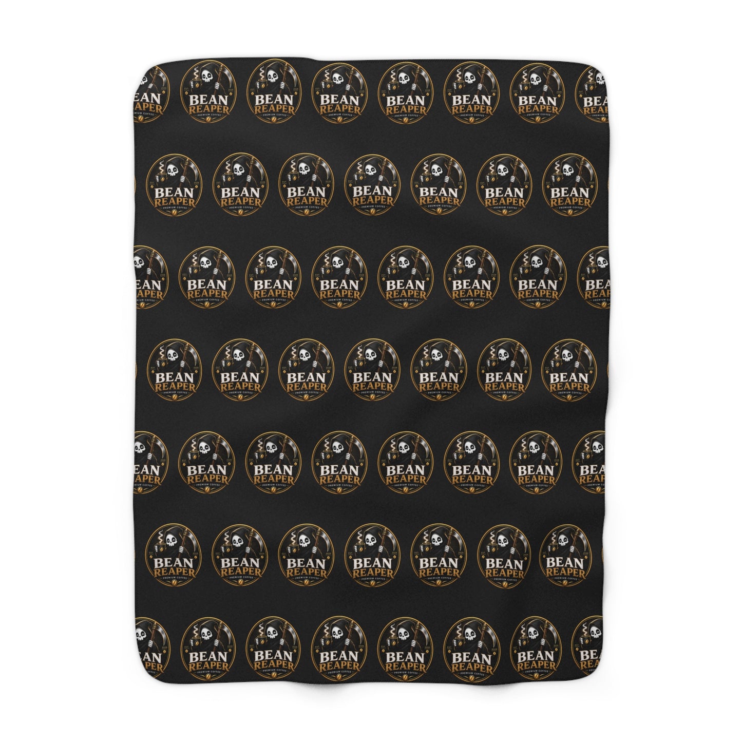Bean Reaper 'Bean Roast' repeat logo sherpa fleece throw blanket, black — draped