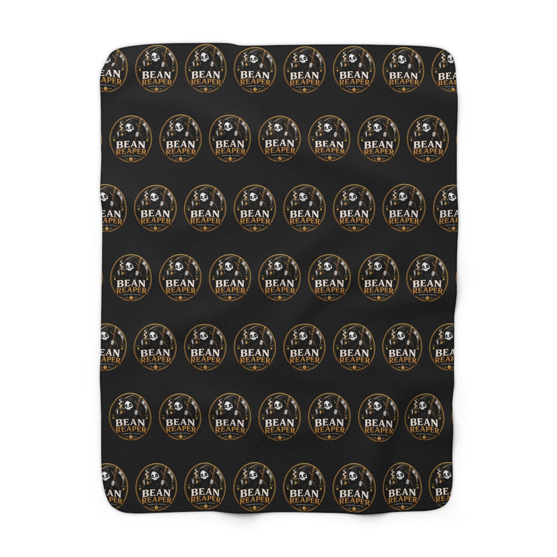 Bean Reaper 'Bean Roast' repeat logo sherpa fleece throw blanket, black — draped