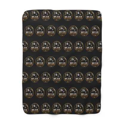 Bean Reaper 'Bean Roast' repeat logo sherpa fleece throw blanket, black — draped