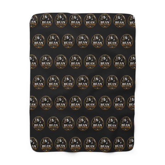 Bean Reaper 'Bean Roast' repeat logo sherpa fleece throw blanket, black — draped
