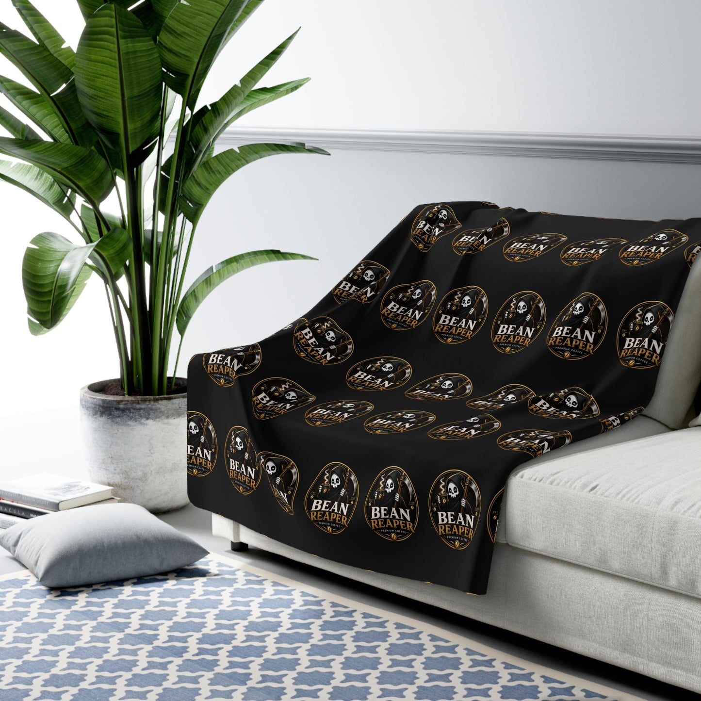 Bean Reaper Sherpa Blanket — Cozy Black "Bean Roast" Repeat Logo Fleece Throw